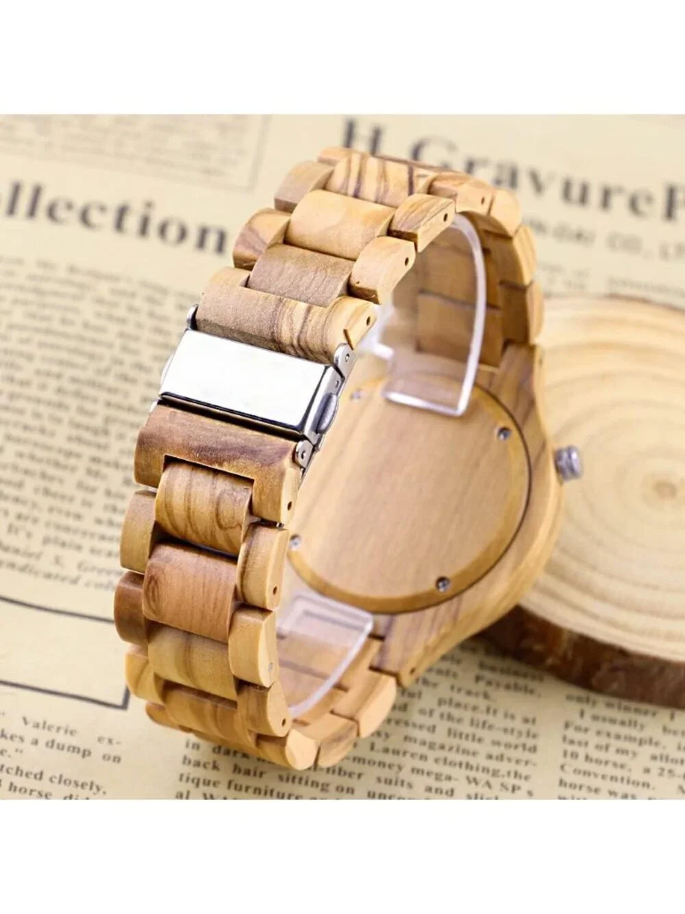 Men's White Brown Classic Handmade Round Bamboo Analog Date Quartz Wooden Watch